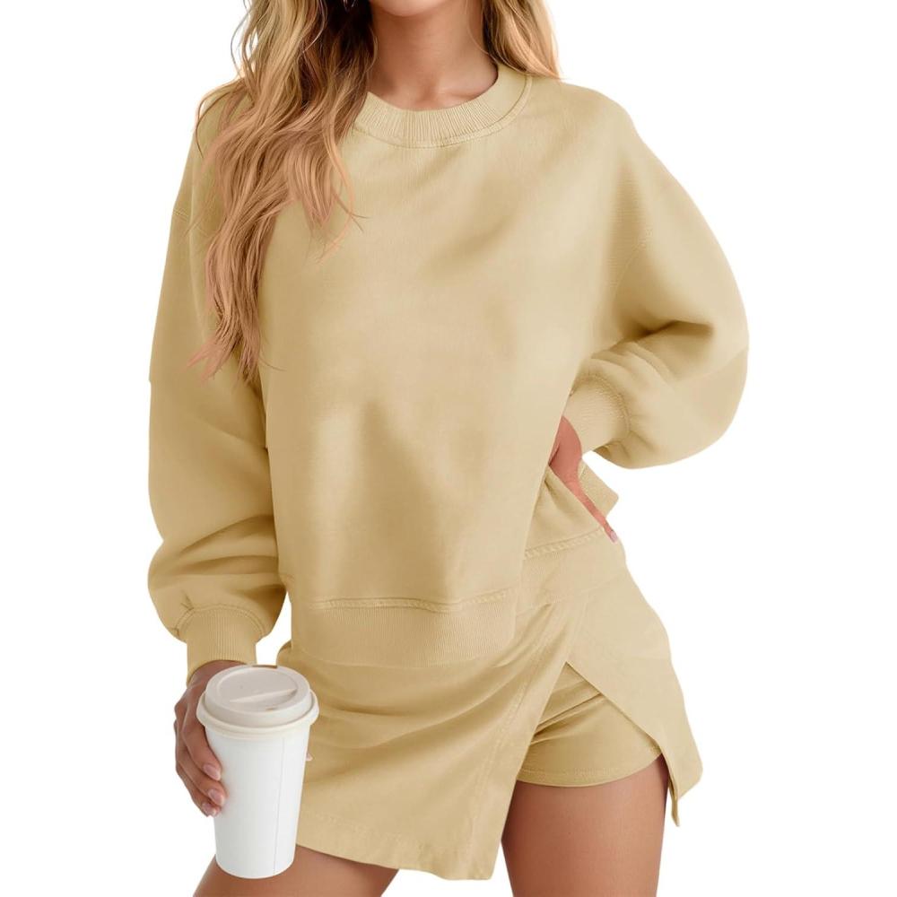 image:imageFisoew 2 Piece Sets for Women Cotton Workout Sets Sweatshirt Top High Waisted Lined Split Athletic Skirt SetKhaki