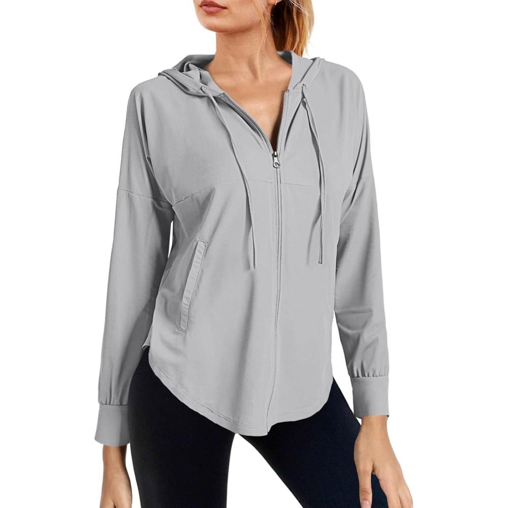 image:imageFisoew Womens Athletic Jacket Hoodie Zip Up Cropped Lightweight Jackets UPF 50 Sun Protection Long Sleeve Workout ShirtGrey