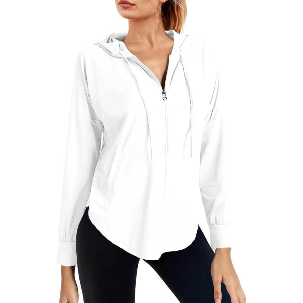 image:imageFisoew Womens Athletic Jacket Hoodie Zip Up Cropped Lightweight Jackets UPF 50 Sun Protection Long Sleeve Workout ShirtWhite