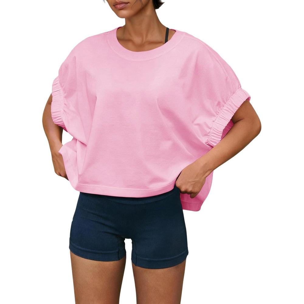 image:imageFisoew Womens Oversized Workout Tops Short Sleeve Elastic Cuff Loose Fit T Shirt Cropped Active Tee Gym Running ShirtsPink