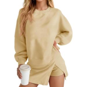 Fisoew 2 Piece Sets for Women Cotton Workout Sets Sweatshirt Top High Waisted Lined Split Athletic Skirt Set(Khaki)