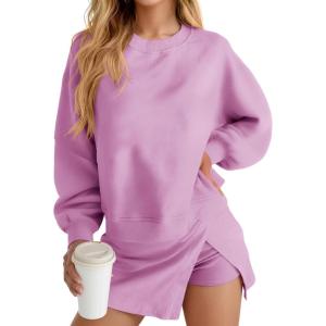 Fisoew 2 Piece Sets for Women Cotton Workout Sets Sweatshirt Top High Waisted Lined Split Athletic Skirt Set(Lilac)