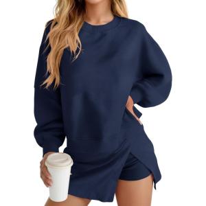 Fisoew 2 Piece Sets for Women Cotton Workout Sets Sweatshirt Top High Waisted Lined Split Athletic Skirt Set(Navy)