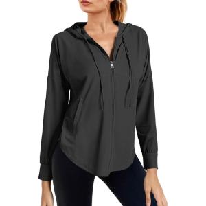 Fisoew Womens Athletic Jacket Hoodie Zip Up Cropped Lightweight Jackets UPF 50+ Sun Protection Long Sleeve Workout Shirt(Black)