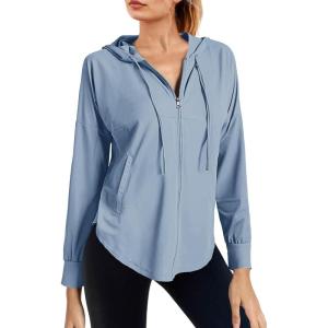 Fisoew Womens Athletic Jacket Hoodie Zip Up Cropped Lightweight Jackets UPF 50+ Sun Protection Long Sleeve Workout Shirt(Bluish Gray)