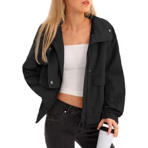 Fisoew Womens Cropped Jacket Zip Up Lightweight Hooded Trench Coat Active Outdoor Windbreaker Raincoat with Pockets(Black)