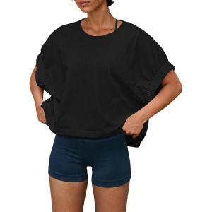 Fisoew Womens Oversized Workout Tops Short Sleeve Elastic Cuff Loose Fit T Shirt Cropped Active Tee Gym Running Shirts(Black)