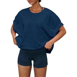 Fisoew Womens Oversized Workout Tops Short Sleeve Elastic Cuff Loose Fit T Shirt Cropped Active Tee Gym Running Shirts(Navy)