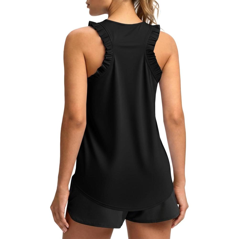 image:imageFisoew Women Summer Workout Tank Tops Ruffle Sleeveless Racerback Crewneck Casual Loose Running Gym Athletic Tee ShirtsBlack