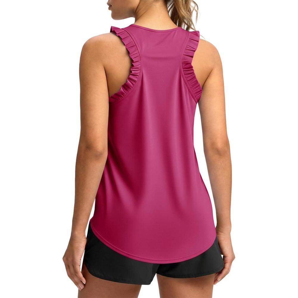 image:imageFisoew Women Summer Workout Tank Tops Ruffle Sleeveless Racerback Crewneck Casual Loose Running Gym Athletic Tee ShirtsRose Red