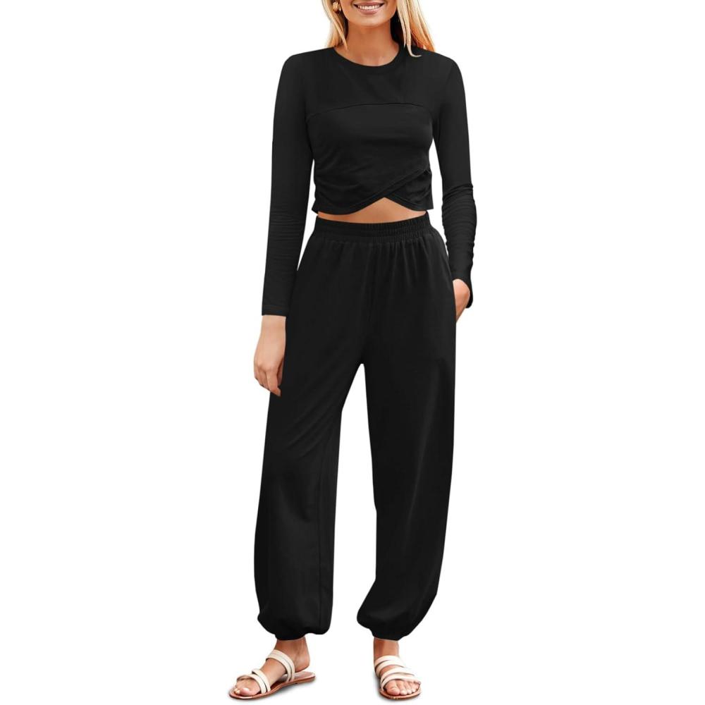image:imageFisoew Womens 2 Piece Lounge Sets Casual Long Sleeve Crossover Crop Tops Jogger Pants Tracksuits OutfitsBlack