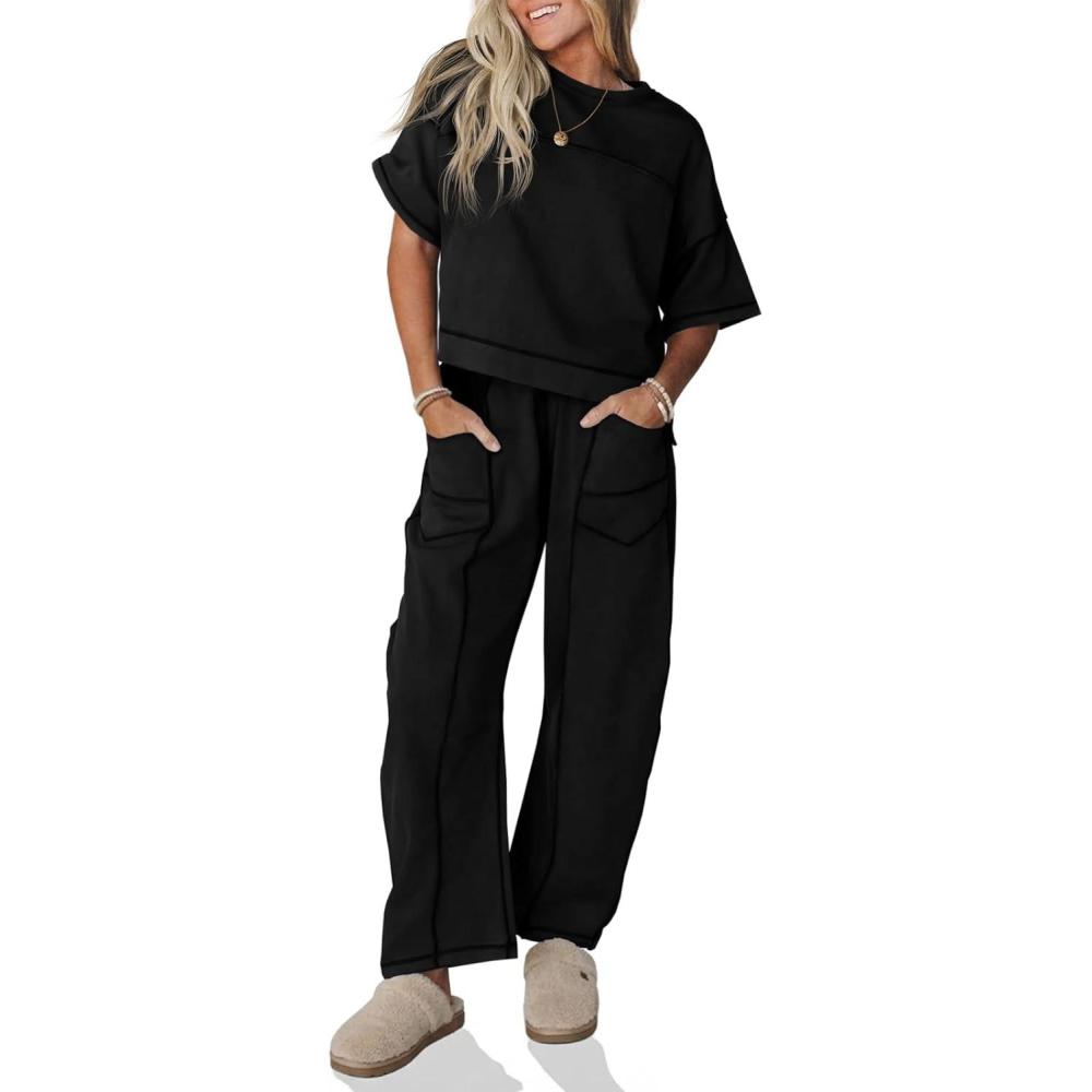 image:imageFisoew Womens 2 Piece Outfits Lounge Sets Short Sleeve Tops and Wide Leg Pants Travel Vacation Casual Matching SetsBlack