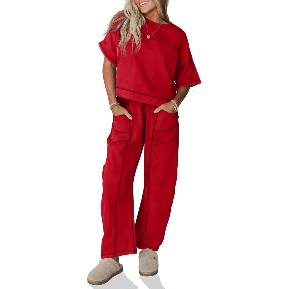 image:imageFisoew Womens 2 Piece Outfits Lounge Sets Short Sleeve Tops and Wide Leg Pants Travel Vacation Casual Matching SetsRed
