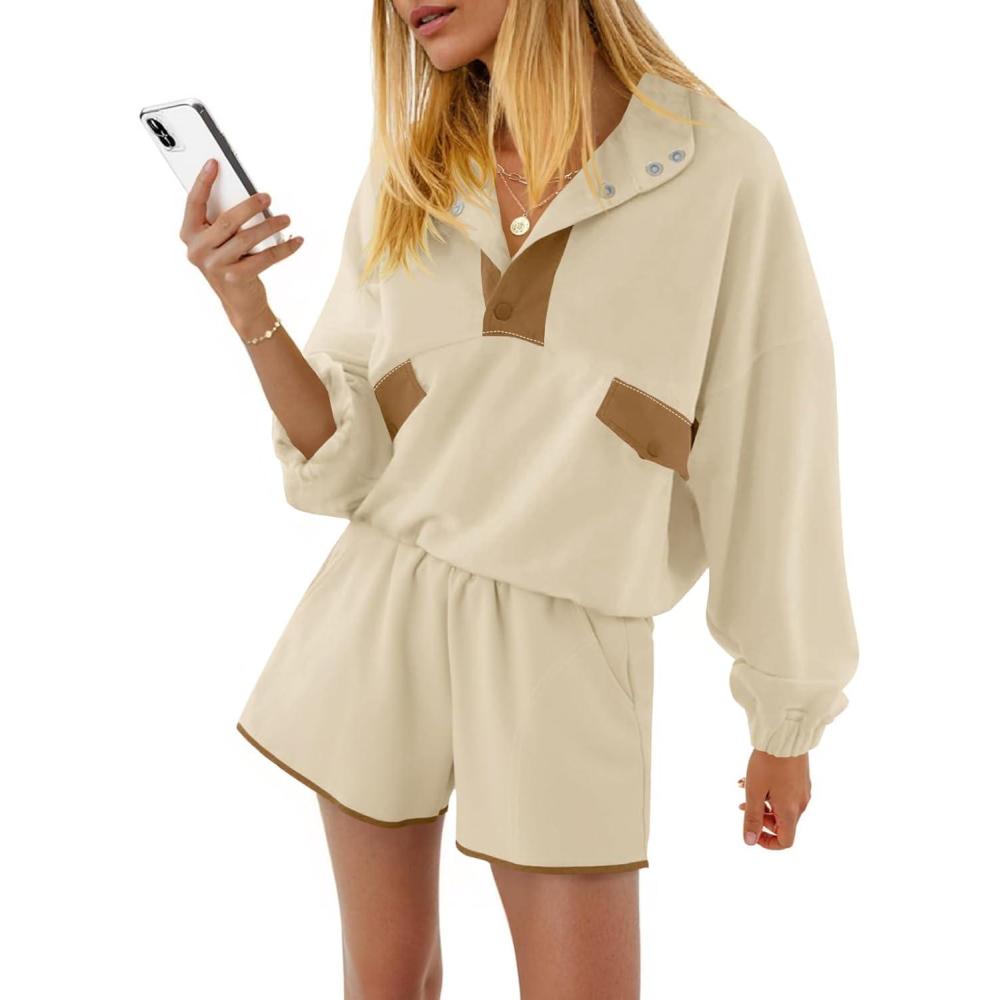 image:imageFisoew Womens 2 Piece Sets Sweatsuits Casual Half Button Color Block Sweatshirts Running Shorts Tracksuits Fall OutfitsKhaki