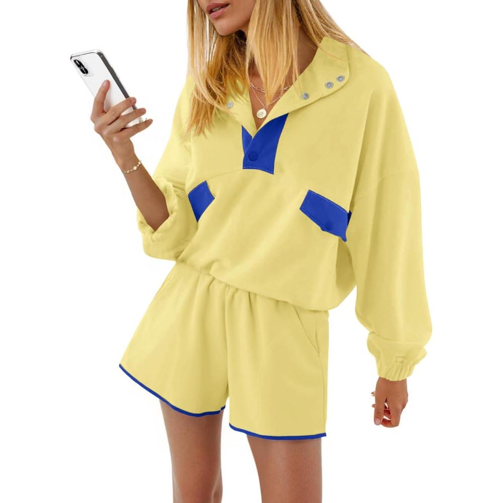 image:imageFisoew Womens 2 Piece Sets Sweatsuits Casual Half Button Color Block Sweatshirts Running Shorts Tracksuits Fall OutfitsLight Yellow