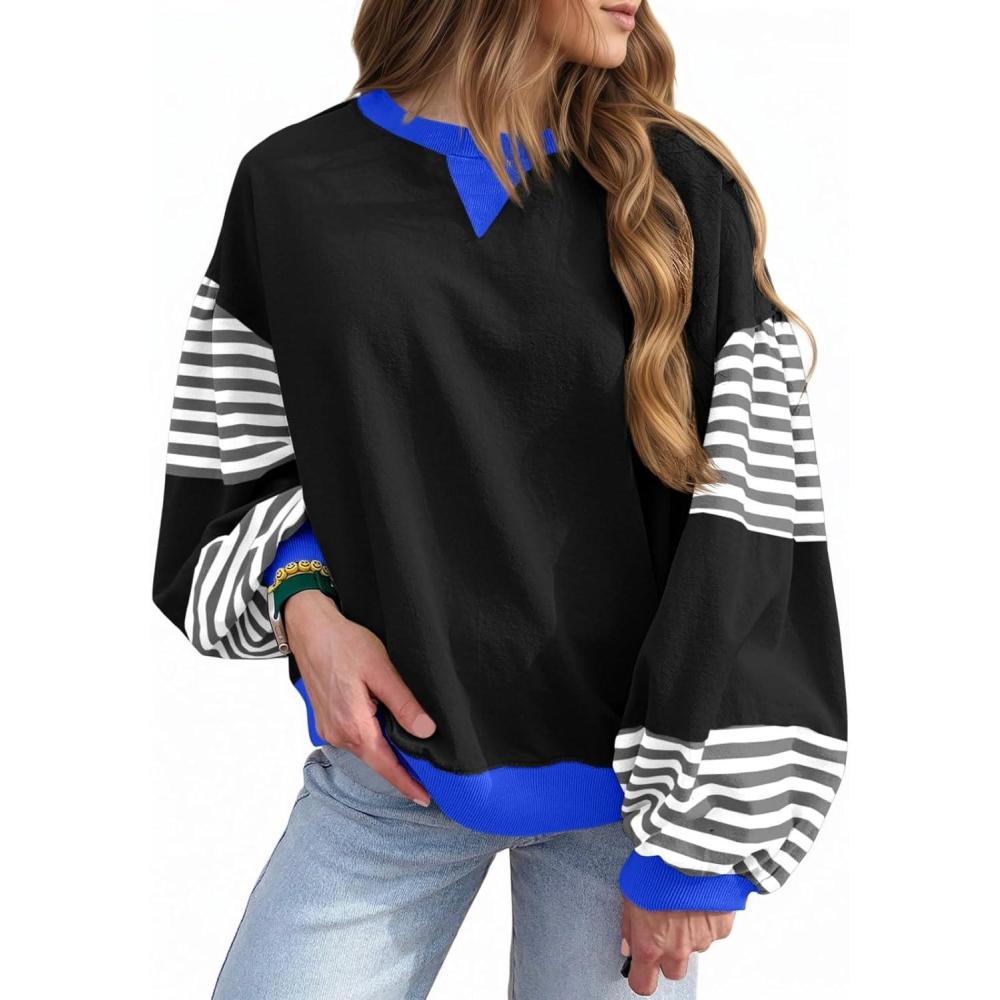 image:imageFisoew Womens Color Block Oversized Sweatshirt Casual Lantern Long Sleeve Crewneck Striped Pullover Tops Fall OutfitsBlack