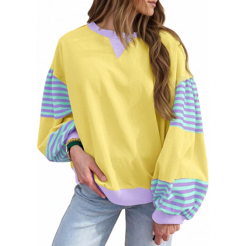 image:imageFisoew Womens Color Block Oversized Sweatshirt Casual Lantern Long Sleeve Crewneck Striped Pullover Tops Fall OutfitsYellow
