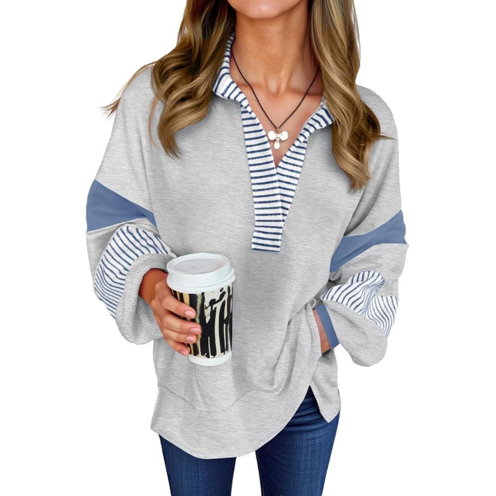 image:imageFisoew Womens Color Block Oversized Sweatshirt Polo V Neck Long Sleeve Shirts Casual Loose Pullover TopsGrey