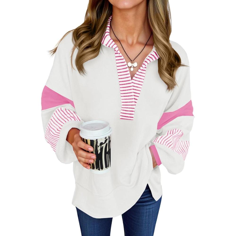 image:imageFisoew Womens Color Block Oversized Sweatshirt Polo V Neck Long Sleeve Shirts Casual Loose Pullover TopsPink