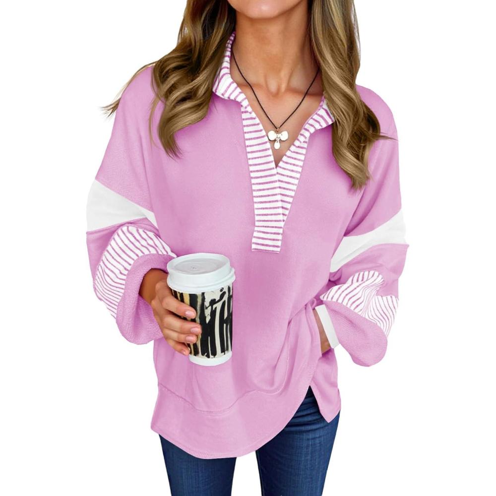 image:imageFisoew Womens Color Block Oversized Sweatshirt Polo V Neck Long Sleeve Shirts Casual Loose Pullover TopsPurple