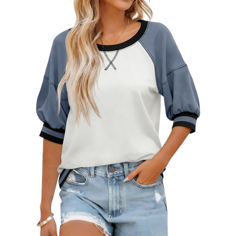 image:imageFisoew Womens Crewneck Sweatshirt Ribbed Raglan Half Sleeve Pullover Tops Color Block Loose Fit SweatshirtsWhite
