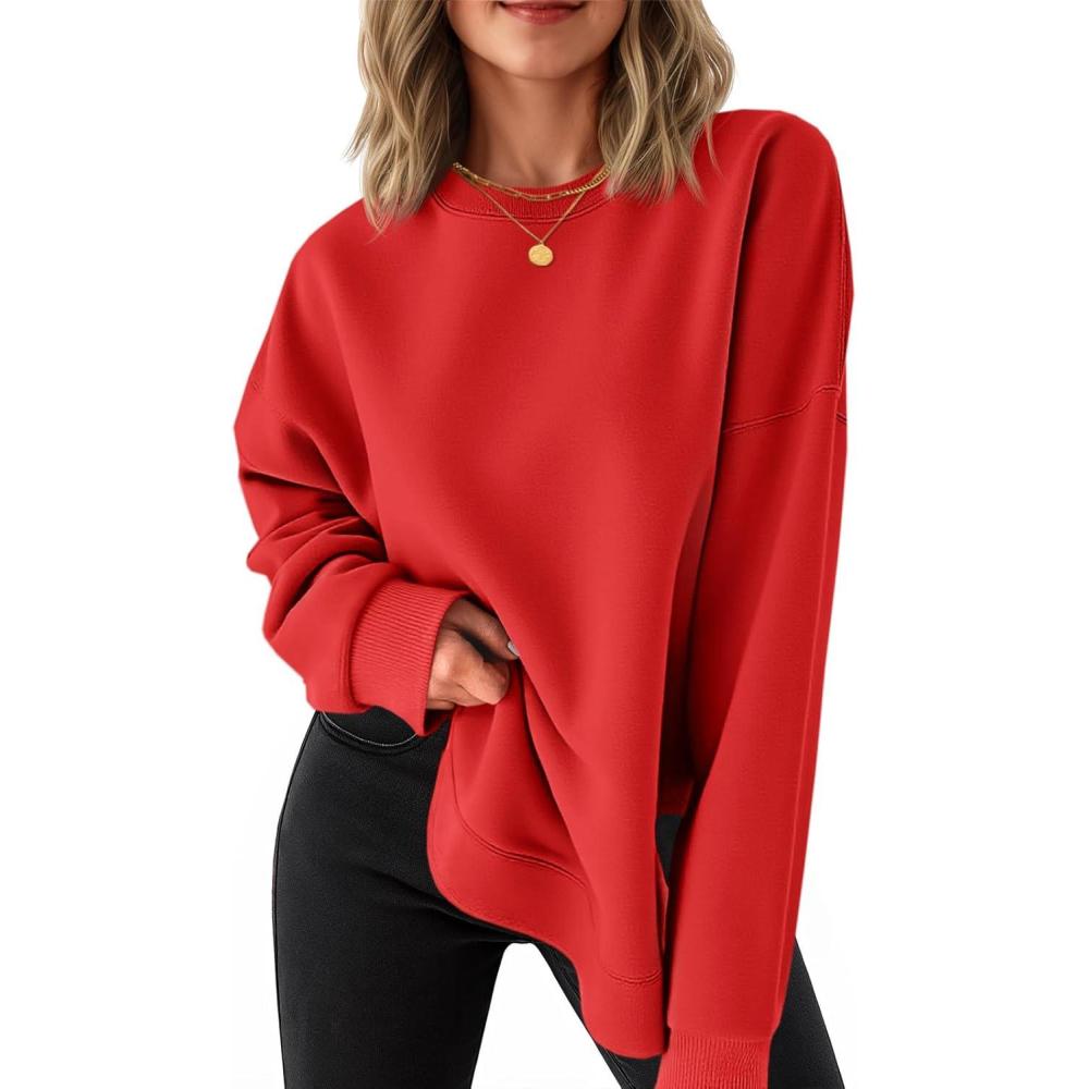 image:imageFisoew Womens Crewneck Sweatshirts Casual Long Sleeve Side Split Hihg Low Curved Hem Shirts Loose Fall Tunic TopsRed