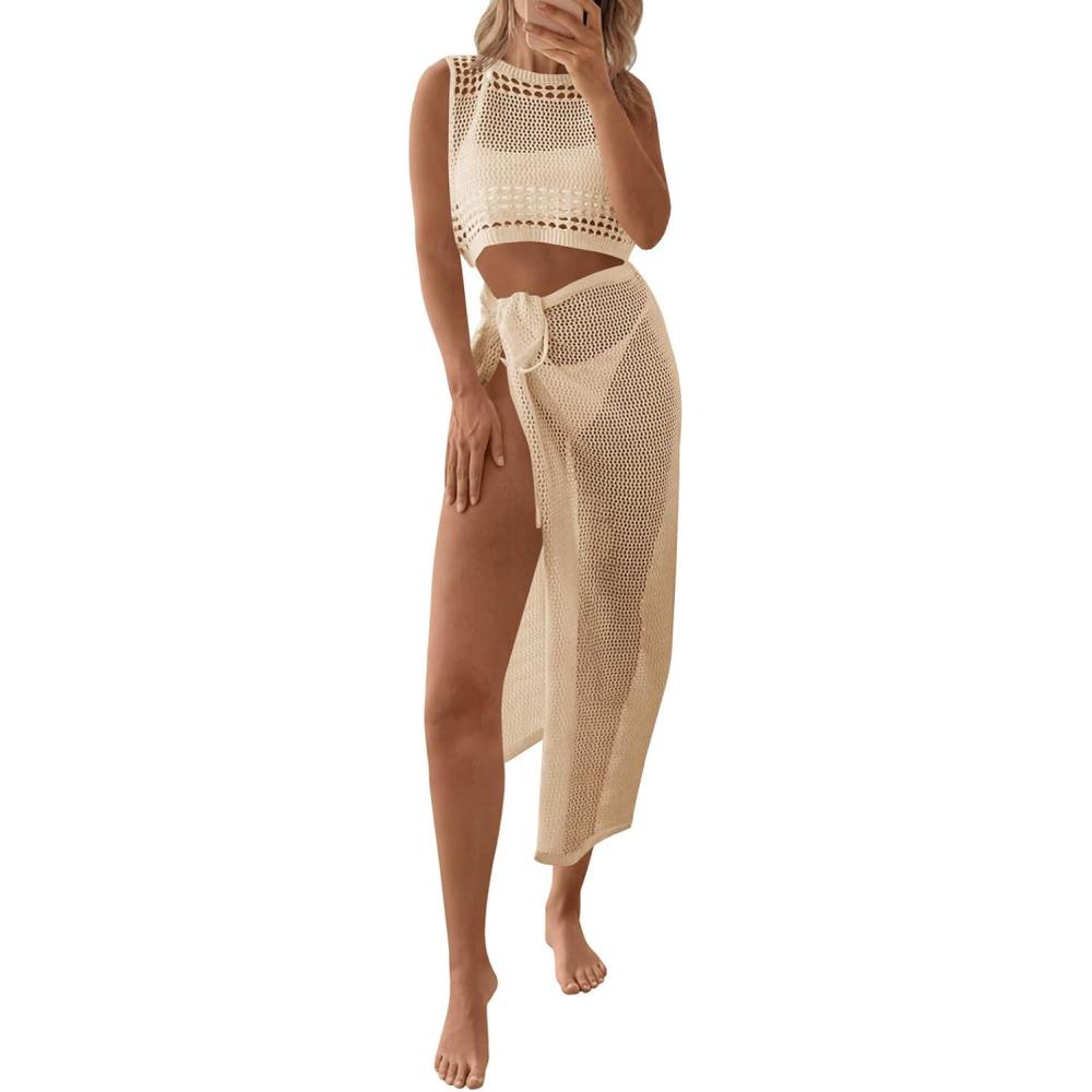 image:imageFisoew Womens Crochet Swim Cover Ups 2 Piece Sleeveless Crop Tops Beach Wrap Skirt Hollow Out Boho Coverup SetApricot
