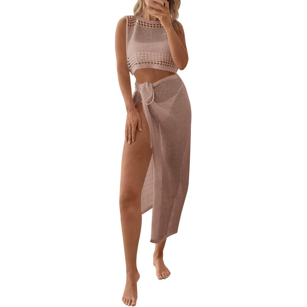 image:imageFisoew Womens Crochet Swim Cover Ups 2 Piece Sleeveless Crop Tops Beach Wrap Skirt Hollow Out Boho Coverup SetKhaki