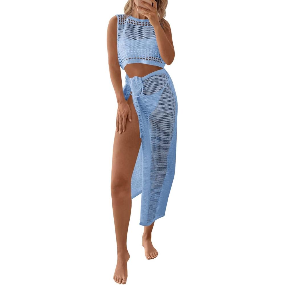 image:imageFisoew Womens Crochet Swim Cover Ups 2 Piece Sleeveless Crop Tops Beach Wrap Skirt Hollow Out Boho Coverup SetLight Blue
