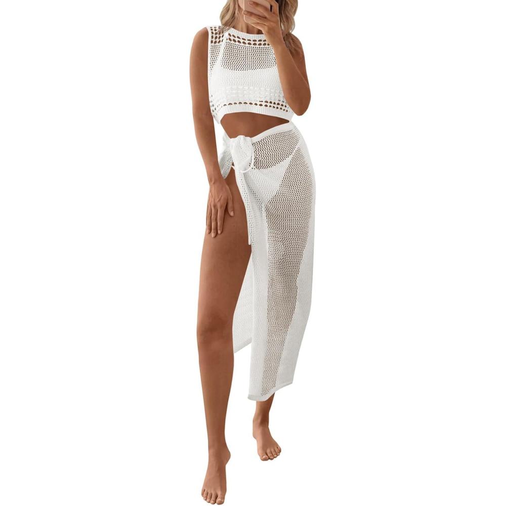 image:imageFisoew Womens Crochet Swim Cover Ups 2 Piece Sleeveless Crop Tops Beach Wrap Skirt Hollow Out Boho Coverup SetWhite