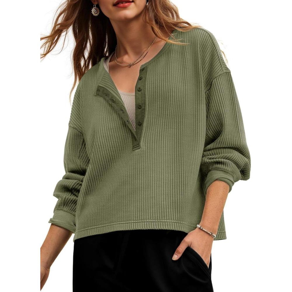 image:imageFisoew Womens Cropped Sweatshirt Casual Waffle Knit Button V Neck Long Sleeve Loose Fit Fall Crop TopsArmy Green