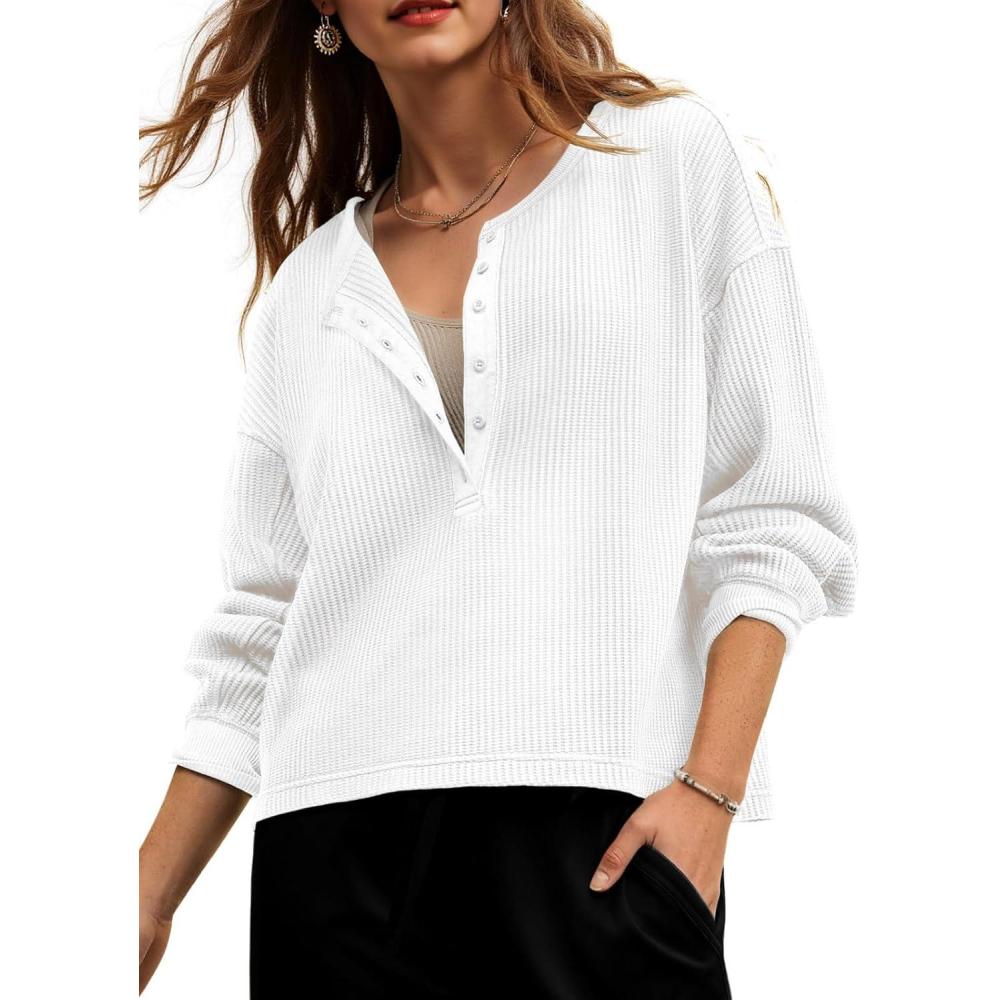image:imageFisoew Womens Cropped Sweatshirt Casual Waffle Knit Button V Neck Long Sleeve Loose Fit Fall Crop TopsWhite