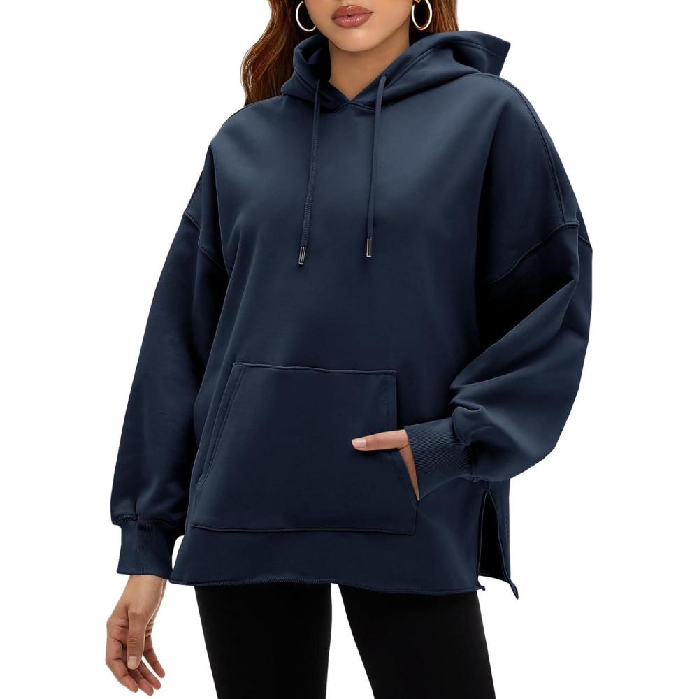 image:imageFisoew Womens Hoodies Oversized Sweatshirts Casual Long Sleeve Side Slit Pullover Tops Fall Winter Outfits with PocketNavy