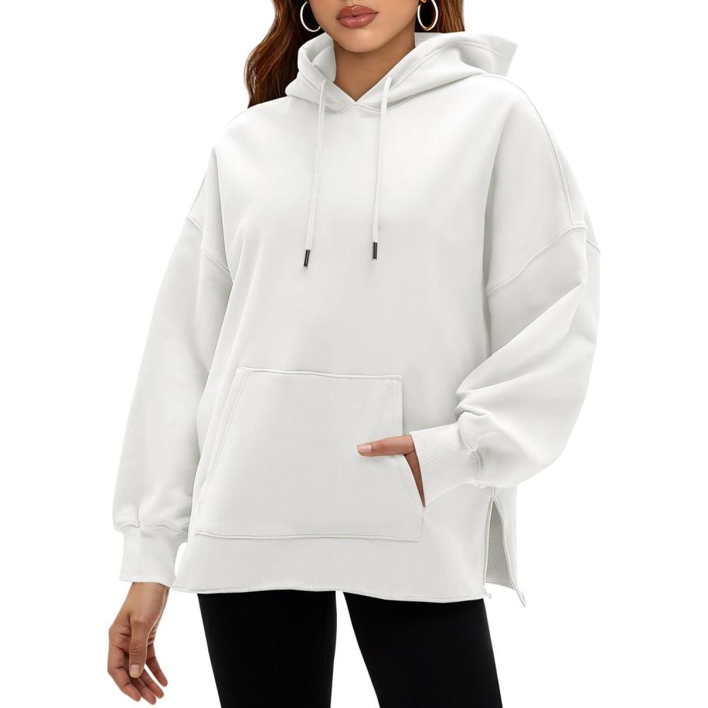 image:imageFisoew Womens Hoodies Oversized Sweatshirts Casual Long Sleeve Side Slit Pullover Tops Fall Winter Outfits with PocketWhite
