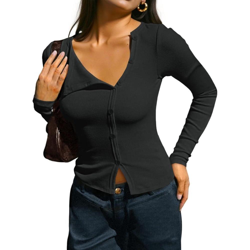 image:imageFisoew Womens Long Sleeve Crop Tops Casual Button Down Shirts Slim Fit Y2k Going Out Ribbed Knit ShirtsBlack