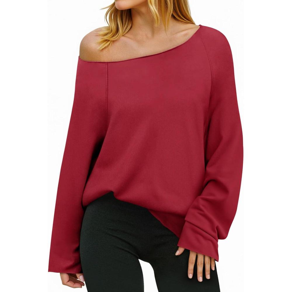 image:imageFisoew Womens Off the Shoulder Sweatshirts Oversized Long Sleeve Y2k Pullovers TShirts Trendy Loose Fit Tunic Tops Wine Red