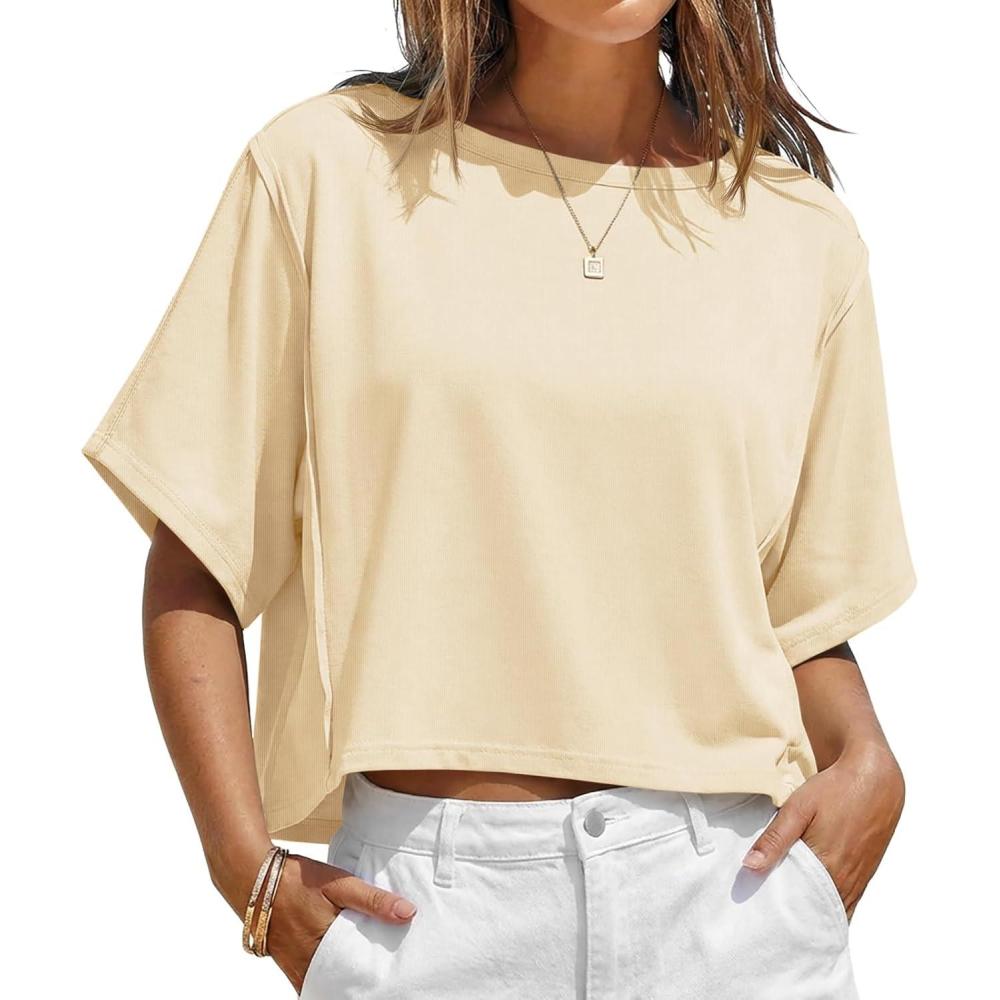 image:imageFisoew Womens Oversized Crop Tops Summer Short Sleeve Crewneck T Shirts Casual Loose Basic Tee Workout ShirtsBeige