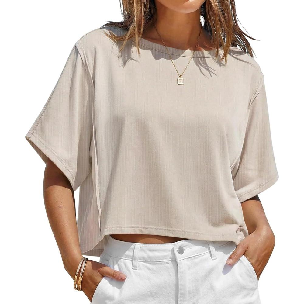 image:imageFisoew Womens Oversized Crop Tops Summer Short Sleeve Crewneck T Shirts Casual Loose Basic Tee Workout ShirtsKhaki