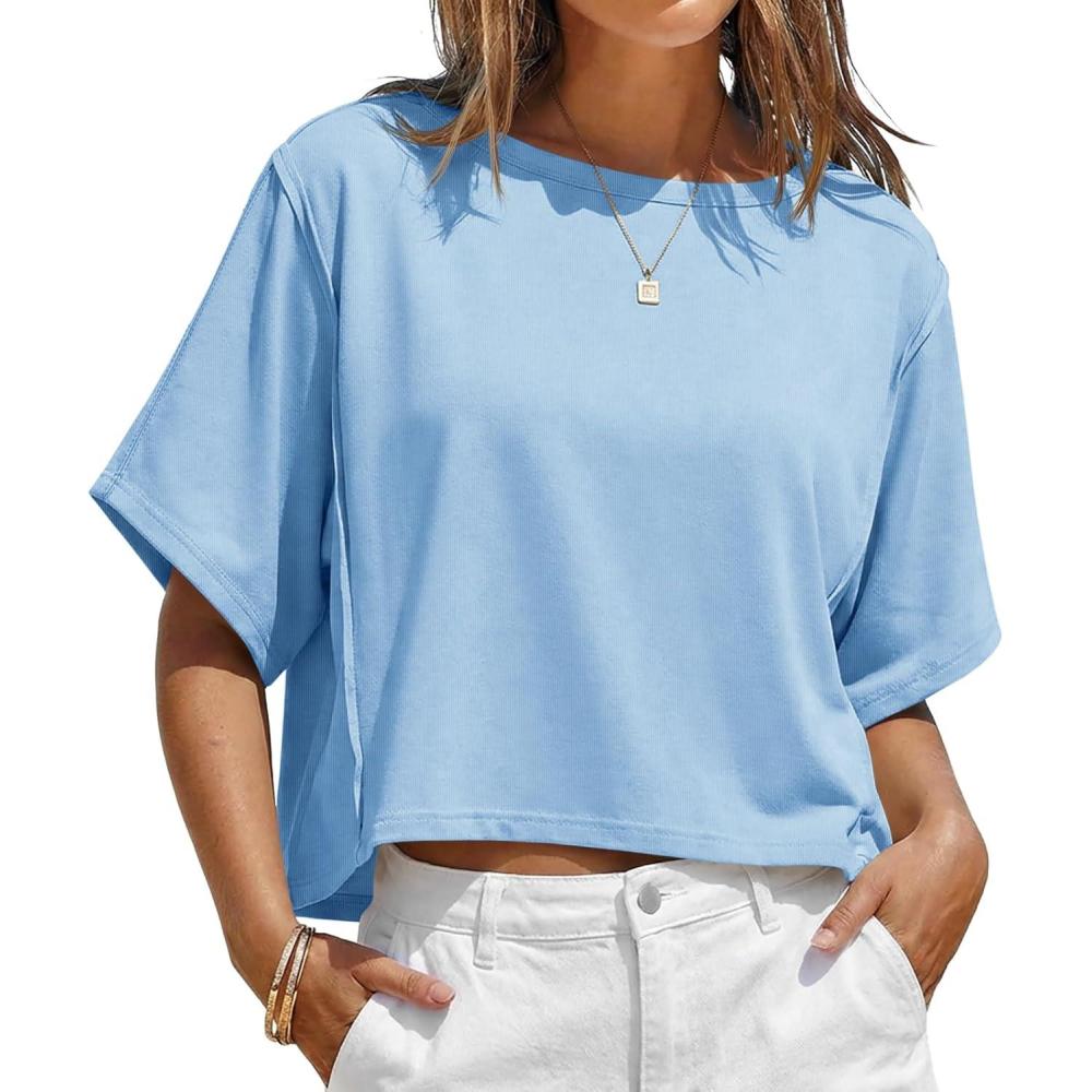 image:imageFisoew Womens Oversized Crop Tops Summer Short Sleeve Crewneck T Shirts Casual Loose Basic Tee Workout ShirtsLight Blue