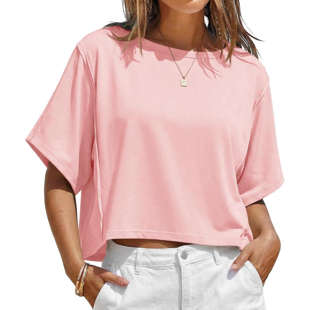image:imageFisoew Womens Oversized Crop Tops Summer Short Sleeve Crewneck T Shirts Casual Loose Basic Tee Workout ShirtsPink
