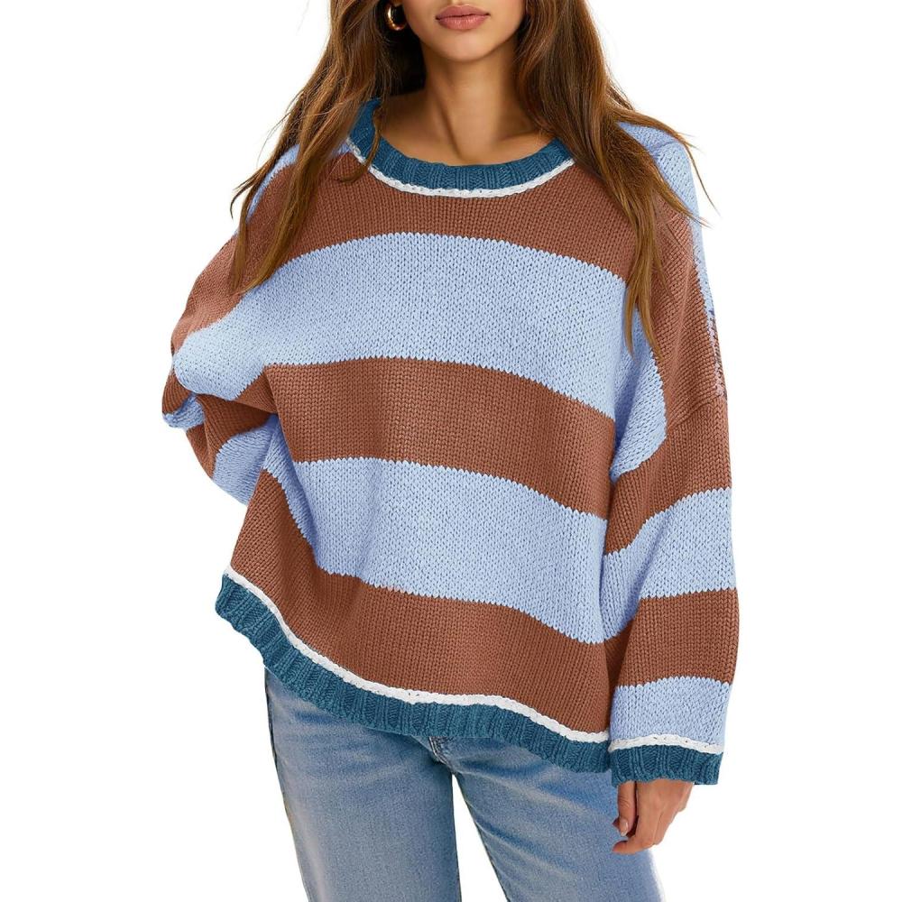 image:imageFisoew Womens Oversized Sweaters Casual Long Sleeve Striped Color Block Crewneck Knitted Loose Fall Pullover TopsBlue