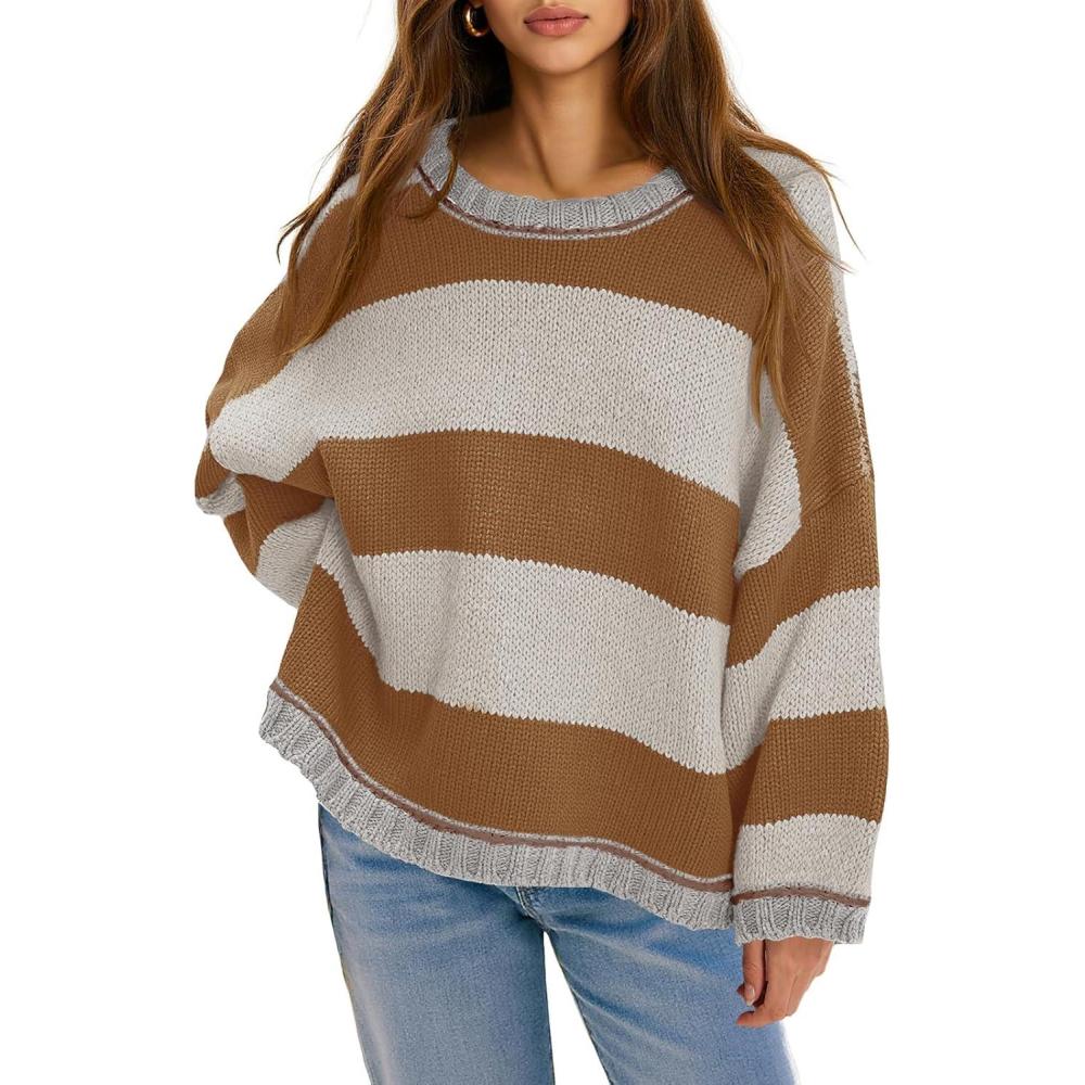 image:imageFisoew Womens Oversized Sweaters Casual Long Sleeve Striped Color Block Crewneck Knitted Loose Fall Pullover TopsBrown