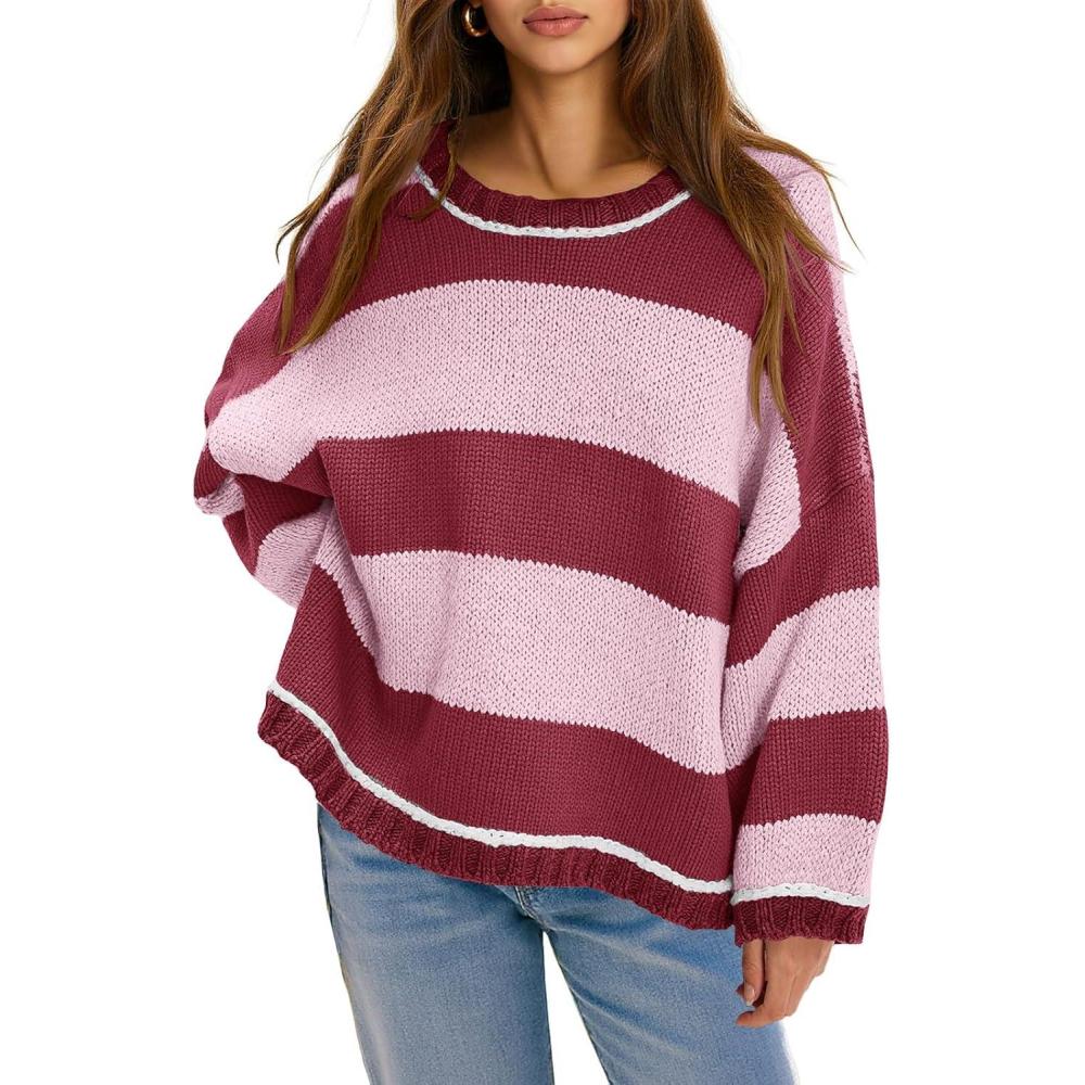 image:imageFisoew Womens Oversized Sweaters Casual Long Sleeve Striped Color Block Crewneck Knitted Loose Fall Pullover TopsRose Red