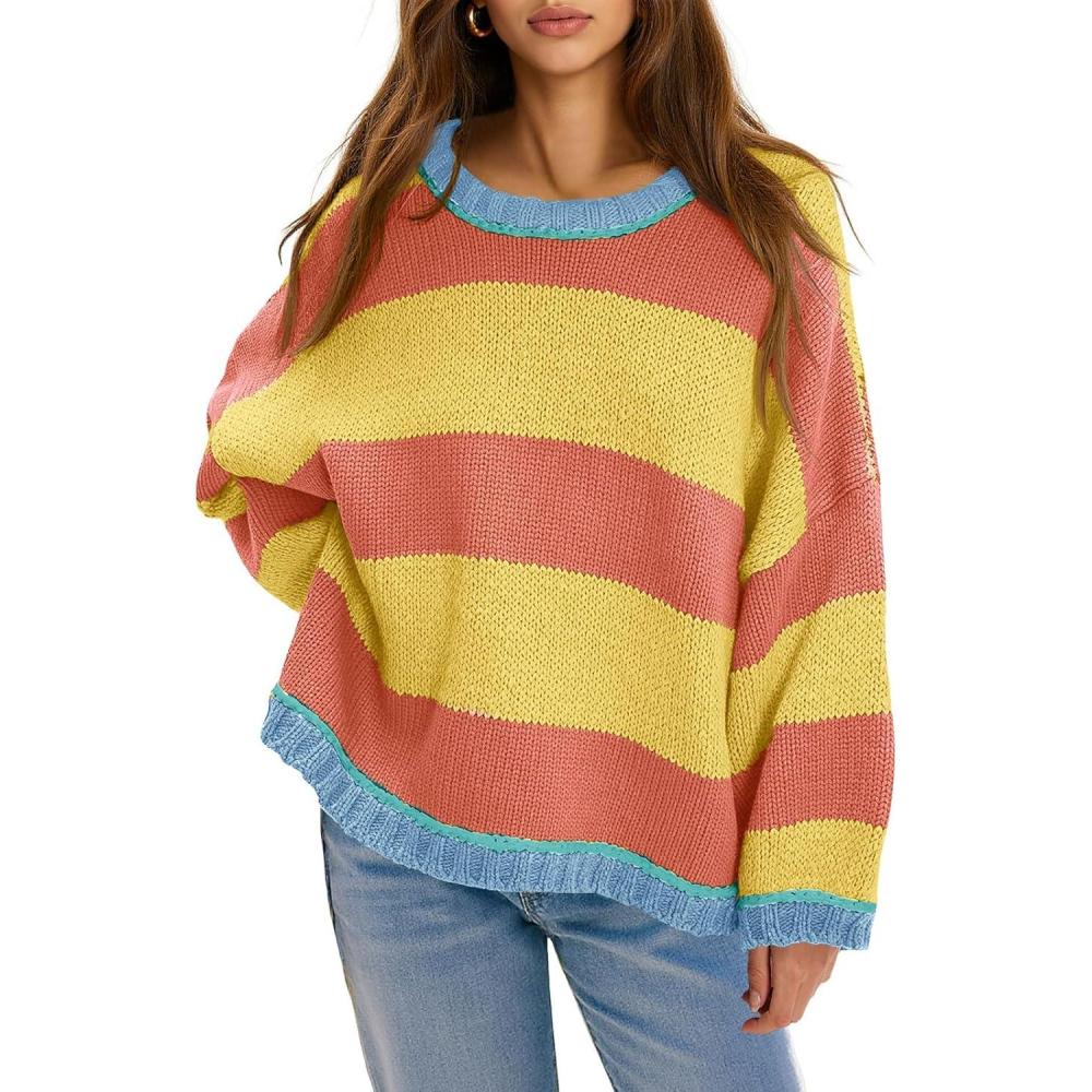 image:imageFisoew Womens Oversized Sweaters Casual Long Sleeve Striped Color Block Crewneck Knitted Loose Fall Pullover TopsYellow