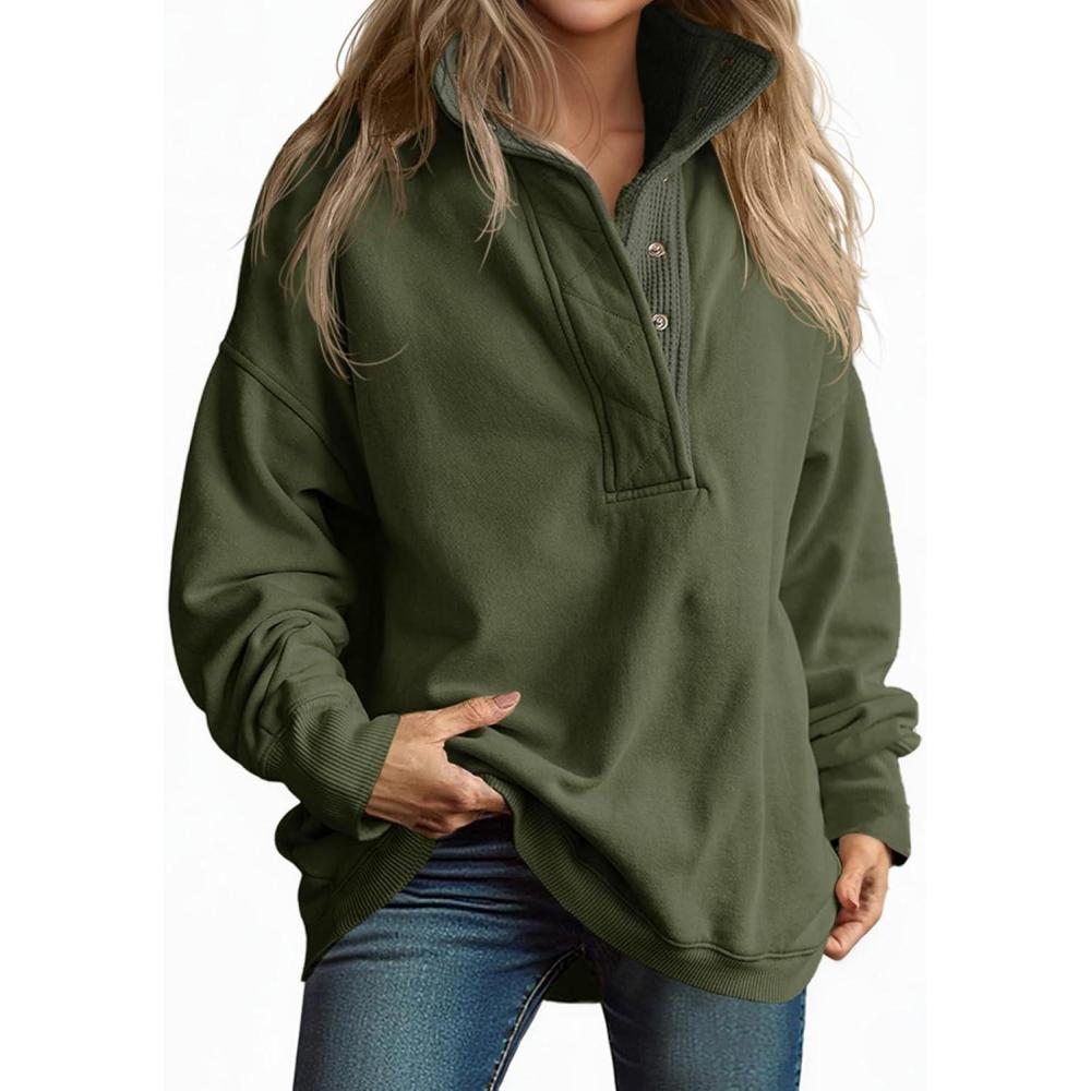 image:imageFisoew Womens Oversized Sweatshirt Casual Snap Stand Collar Long Sleeve Pullover Tops Fall Travel OutfitsArmy Green