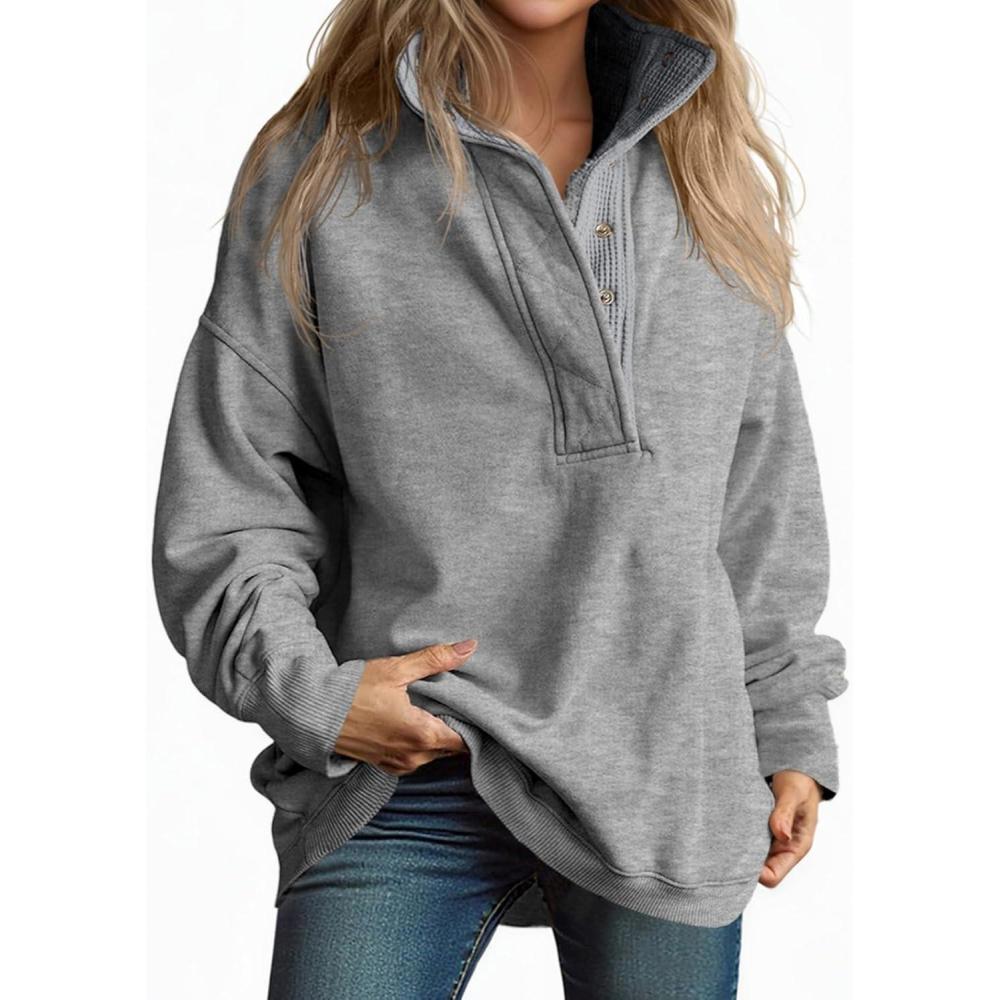 image:imageFisoew Womens Oversized Sweatshirt Casual Snap Stand Collar Long Sleeve Pullover Tops Fall Travel OutfitsGrey