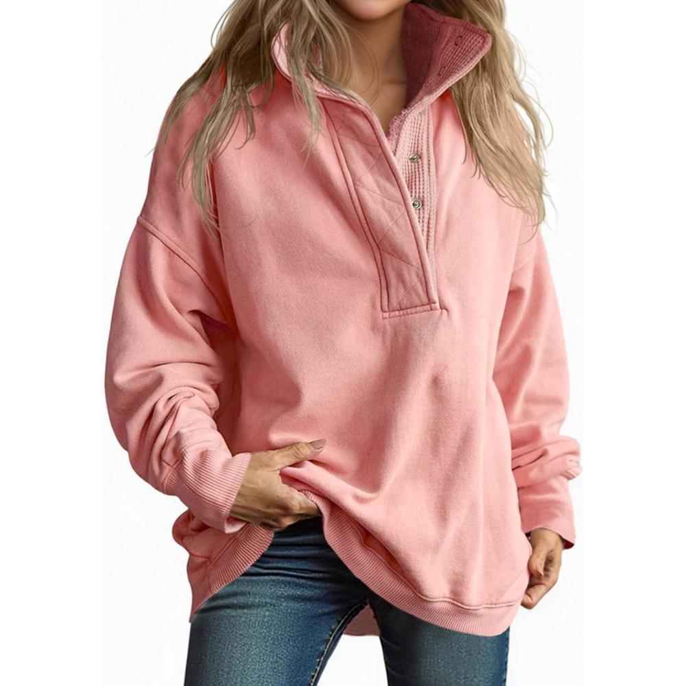 image:imageFisoew Womens Oversized Sweatshirt Casual Snap Stand Collar Long Sleeve Pullover Tops Fall Travel OutfitsPink