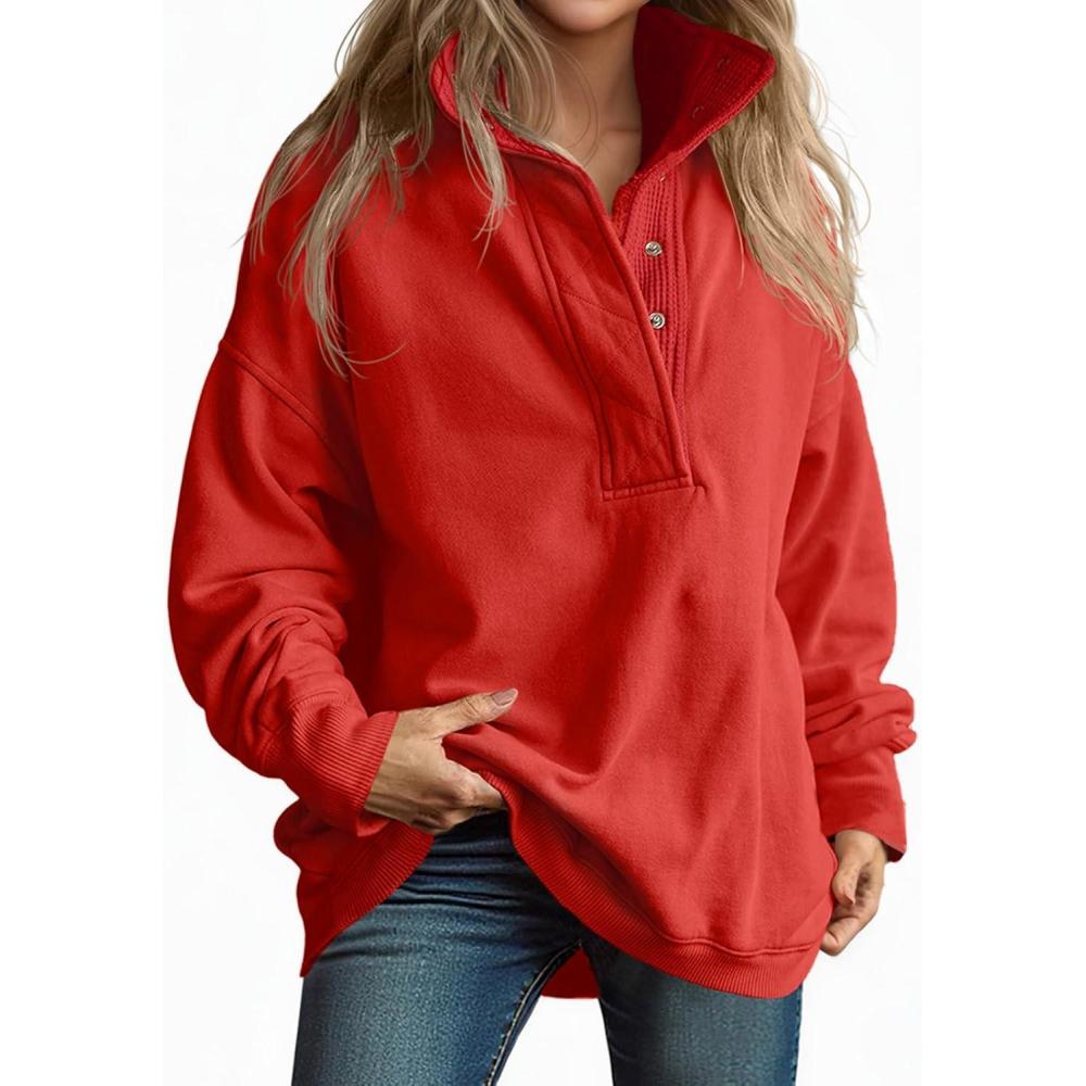 image:imageFisoew Womens Oversized Sweatshirt Casual Snap Stand Collar Long Sleeve Pullover Tops Fall Travel OutfitsRed