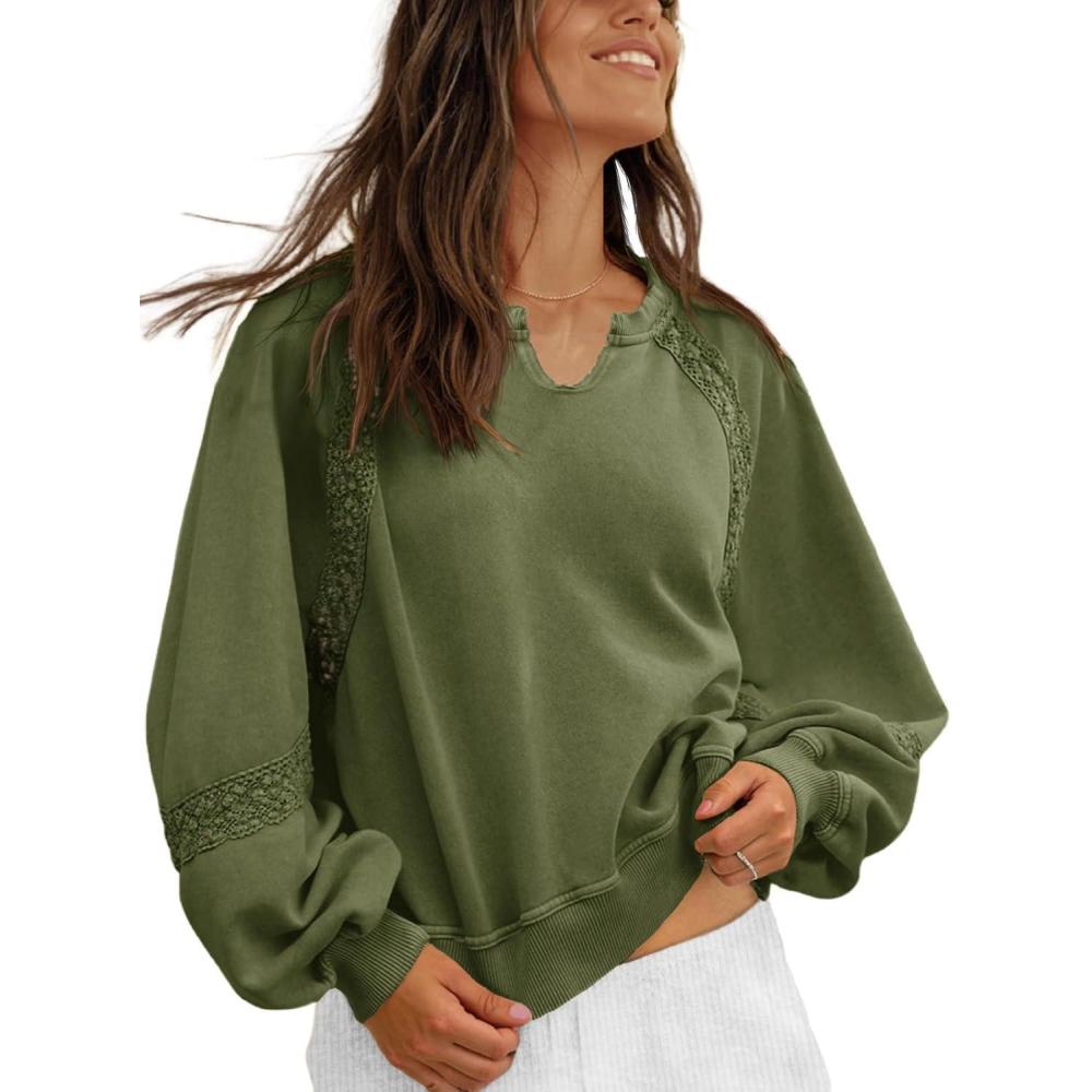 image:imageFisoew Womens Oversized Sweatshirt Casual V Neck Lace Lantern Long Sleeve Cropped Loose Fit Fall Pullover TopsArmy Green