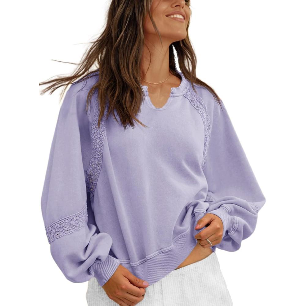 image:imageFisoew Womens Oversized Sweatshirt Casual V Neck Lace Lantern Long Sleeve Cropped Loose Fit Fall Pullover TopsLavender